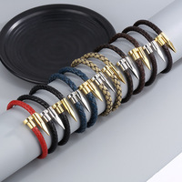 Bracelet Manchette en Cuir de Vache Tressé, Bijoux Fantaisie en Acier Inoxydable avec Fermoir Magnétique à Vis, pour Hommes et Femmes
