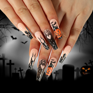 <span class=keywords><strong>Uñas</strong></span> Postizas Cuadradas Almendradas Hechas a Mano, Diseño de Halloween con Telaraña y Murciélagos en Negro y <span class=keywords><strong>Naranja</strong></span>, Reutilizables, Cobertura Total, para Mujer - Product Image 5