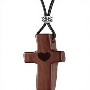 Welhouse My Wood <b>Cross</b> Pendant <b>Necklace</b> With Heart Design for <b>Men</b> Women Handcrafted Christian Gift - Product Image 1