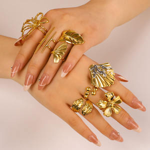 Ensemble de bagues ouvertes d'été en acier inoxydable plaqué or 18 carats, style océan, géométrique, coquillage, feuille, fleur, Hyperbole - Product Image 2
