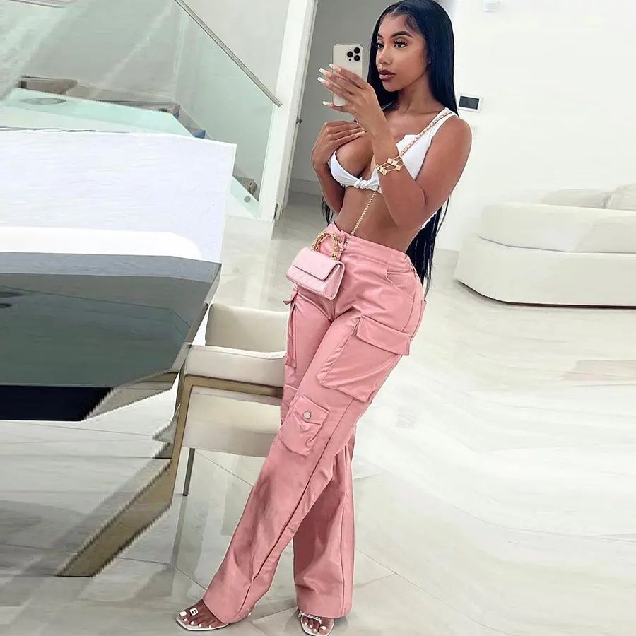 2024 New Fashion Women's Pu Leather Solid Multi-Pocket Casual Pants High  Street Loose High Waist Cargo Style Trousers