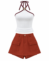 Ensemble deux pièces pour femme : Crop top halter et jupe-short cargo mini à motif floral avec poches, vente en gros, personnalisable