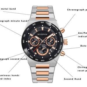 Montre pour homme Besseron personnalisée de haute qualité avec mouvement VK63, noir et or rose, multifonctionnelle, pour cadeau d'affaires - Product Image 3