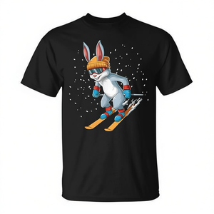 Ski <b>Rabbit</b> <b>T</b>-<b>Shirt</b> Skiing Bunny Design Black Cotton Promotional <b>Shirt</b> - Product Image 2