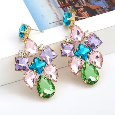HOVANCI Fashion Bohemian Style Sparkling Geometric Gemstone Dangle Earrings Multicolor Rhinestone Crystal Water Drop Earrings