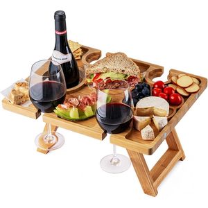 <span class=keywords><strong>Table</strong></span> de pique-nique en bambou avec porte-bouteille et verres, plateau de service en bois avec couteaux à fromage - Product Image 1