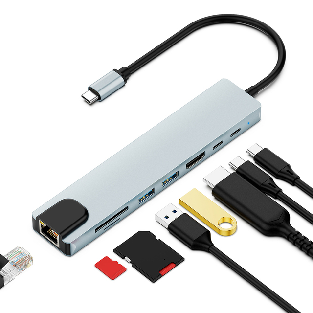 USB C to Ethernet Adapter USB Hub 2-Port USB-A 3.0 PD100W 100Mbps RJ45 LAN for 2.0 4K SD Card Reader-WORTHSPARK OA0155 Stock