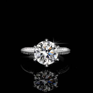 Classic Six Prong Lab Created Diamond <b>Ring</b>, Round Cut <b>Solitaire</b> with Pave-Set Accents Bridal Wedding Band in 925 <b>Silver</b> - Product Image 2