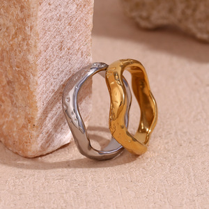 2026 Artistic Irregular Hammered Wavy Surface Stainless Steel 18K Gold Plated Minimalist Unisex Stackable <b>Finger</b> <b>Ring</b> - Product Image 6