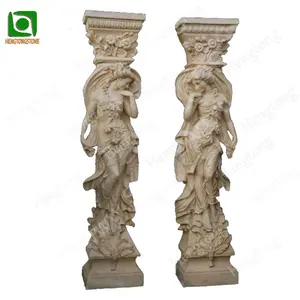 House Building Decoration Beige Marble Greek Lady Statue Carved Roman Column