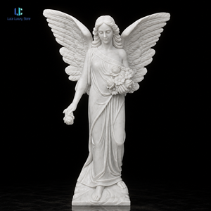 Estatua de Ángel de Mármol Blanco Puro <span class=keywords><strong>Luca</strong></span> |   Escultura Conmemorativa de Jardín con Ángel Alado Sosteniendo Flores, Decoración de Cementerio Pulida, Hecho a Medida - Product Image 3