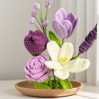 Set Bunga Rajut Tulip Lavender Mawar Buatan Tangan dari Benang untuk Dekorasi Rumah, Hiasan Estetis, Buket Bunga Rajut