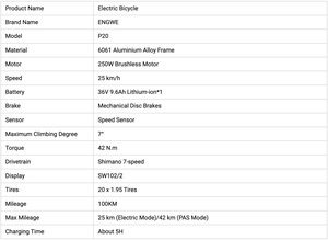 EU UK Warehouse Ebike ENGWE P20 Manufactory Direct Alloy Frame 20 Inch 250w Bici Electrica Adult Electric Bike Electric Bicycle - Product Image 6
