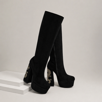 Bottes hautes en faux daim noir avec broderie de dragon, talons hauts épais, plateforme, nouveau style chinois, chaussures de soirée pour femmes