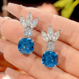 Ensemble de bijoux pour femmes en cuivre écologique, design haut de gamme, zircone cubique bleue 12*12-10*10mm, ensemble de bijoux assorti - Product Image 5