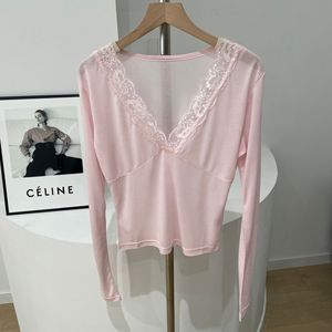 2025 di Brandy BM da <span class=keywords><strong>donna</strong></span> Casual semplice in pizzo a collo a V t-shirt a maniche lunghe Sexy Versatile canottiera per la primavera estate colore puro - Product Image 6