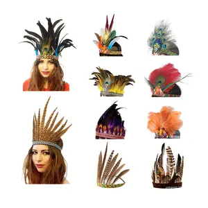 Wholesale Costume Women Peacock Feather Indian Headpiece Crown Halloween Carnival Indian Feather Headdress