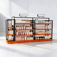 Présentoir cosmétique 6 niveaux en bois clair avec cadre noir fin, écran d'affichage supérieur et portes verrouillables