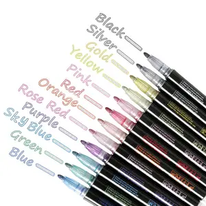 12 Colors Self-outline Glitter Metallic Markers Fine color Markers Double line Marker Pen for Stone Paper Glass Painting