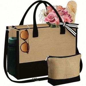 Bolsa de Compras Personalizada con Logotipo y Letra Impresa, Bolsa de Mano de Yute de Gran Capacidad, Bolsa de Playa de Lona para Mujer - Product Image 5