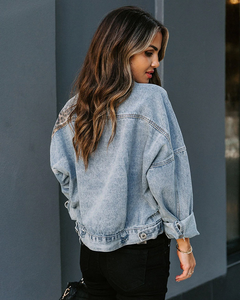 Jaket Denim Kerja Warna Biru untuk Wanita, Busana Jalanan Modis, Kombinasi Katun Kasual, Mantel Denim Wanita Grosir Harga Pabrik - Product Image 5