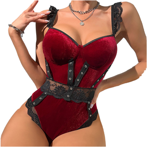 Lingerie sexy pour femme, body sculptant en dentelle fine et velours à volants brodés, sous-vêtements érotiques, commande en gros OEM DOM - Product Image 1