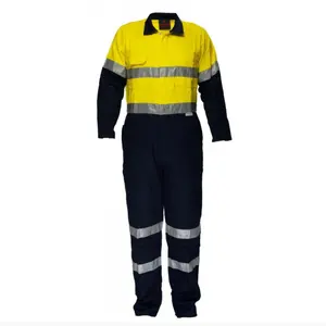 热卖100% 棉黄色/海军蓝双色一体式反光安全高能见度施工高可视工作服