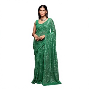 Sari indio de lentejuelas verde brillante de alta calidad con blusa, diseño para bodas y fiestas, venta al por mayor, ropa personalizada a granel - Product Image 1