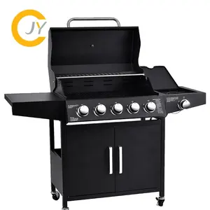 Barbecue Gas Grill Parts Trolley Black Gas Grill Outdoor Portable Bbq 5+1 Burners Grill