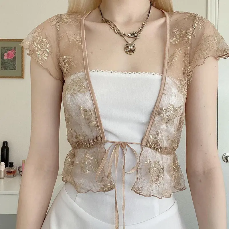 Blusa de manga curta feminina sexy com cordão transparente de renda temperamental estilo francês