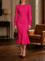 Nouvelle robe midi fuchsia pour femme, col rond, manches longues bouffantes, ceinture à la taille, robe sirène ajustée pour le bureau