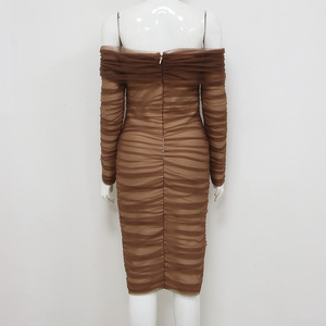 Nuevo vestido de moda elegante marrón fuera del hombro malla fruncida manga larga Midi Bodycon vestido - Product Image 3