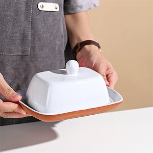 <span class=keywords><strong>Assiette</strong></span> à beurre en terre cuite blanche et brillante avec couvercle en grès céramique rectangulaire pour un usage domestique Pack de restaurant avec logo personnalisé - Product Image 3