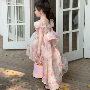 Venta al por mayor 2025 verano Floral Puff manga arco espalda niños niñas vestido de baile - Product Image 6