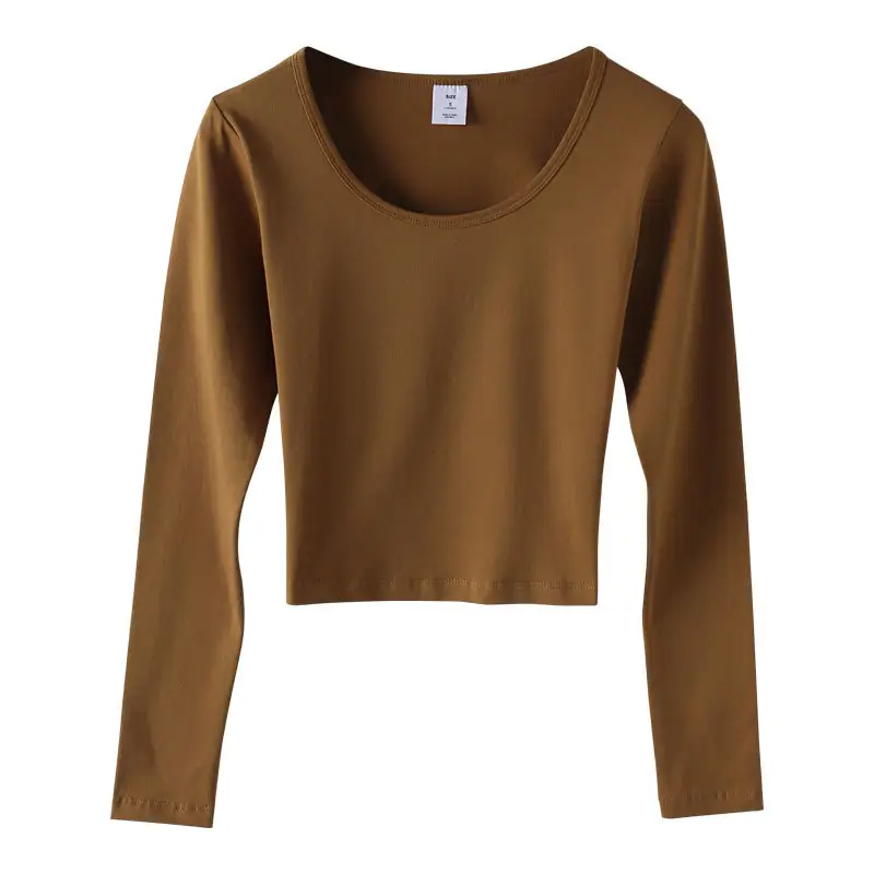 95% Cotton 5% Spandex Slim Fit Long Sleeve Women Crop Tshirts Sexy Crew Neck Bank Crop Tops Blouse