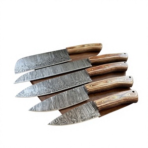 Ensemble de couteaux de cuisine en acier Damas, 5 pièces, manche en bois, lames droites, couteaux de chef, lame polie, ambidextres, haute qualité, 58-60HRC - Product Image 2