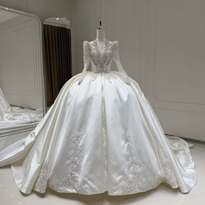 Vestido de Novia Elegante Xx109 Color Marfil con Escote Pronunciado, Adornado con Cristales, de Satén, con Apliques de Encaje y Cola, para Bodas Formales Jancember - Product Image 1