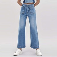 Jeans évasés taille haute pour femmes Pantalons en denim à jambes larges et amples Poches plaquées sur le devant Style décontracté pour toutes les saisons