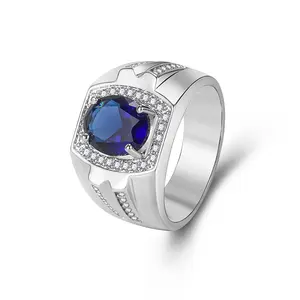 Luxury Blue Crystal Zircon Diamond Men Jewelry Copper Platinum Plated Rings Mens Accessories