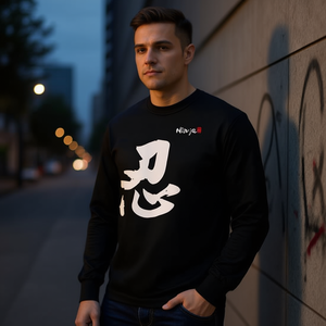 T-shirt a maniche lunghe con calligrafia cinese Ninja, abbigliamento casual da uomo nero - Product Image 2