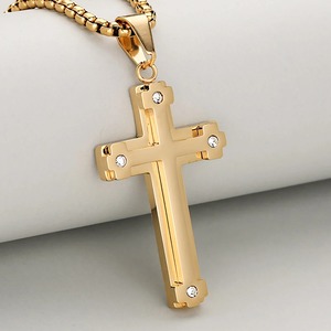 Collier pendentif croix chrétienne punk en acier inoxydable, double couche, avec breloque de prière religieuse et strass, amulette de foi, bijou religieux - Product Image 6