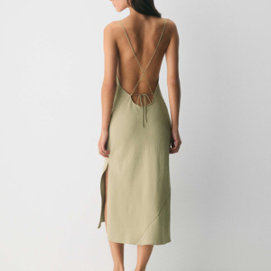 Robe midi décontractée vintage pour femme en mélange de lin brodé, dos nu, à nouer, bretelles spaghetti, fente latérale, été - Product Image 3