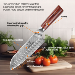 سكين مطبخ ياباني احترافي بنمط كيريتسوكي، سكين شيف سانتوكو من الفولاذ الدمشقي مع مقبض من خشب الباكا - Product Image 3