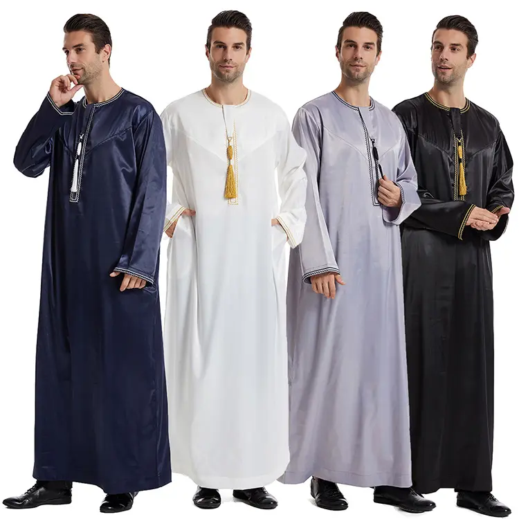 Jual promo Satin bordir jubah Arab Abaya rumbai thobs untuk pria Islam Daffah Muslim Omani Thobe dengan ritsleting