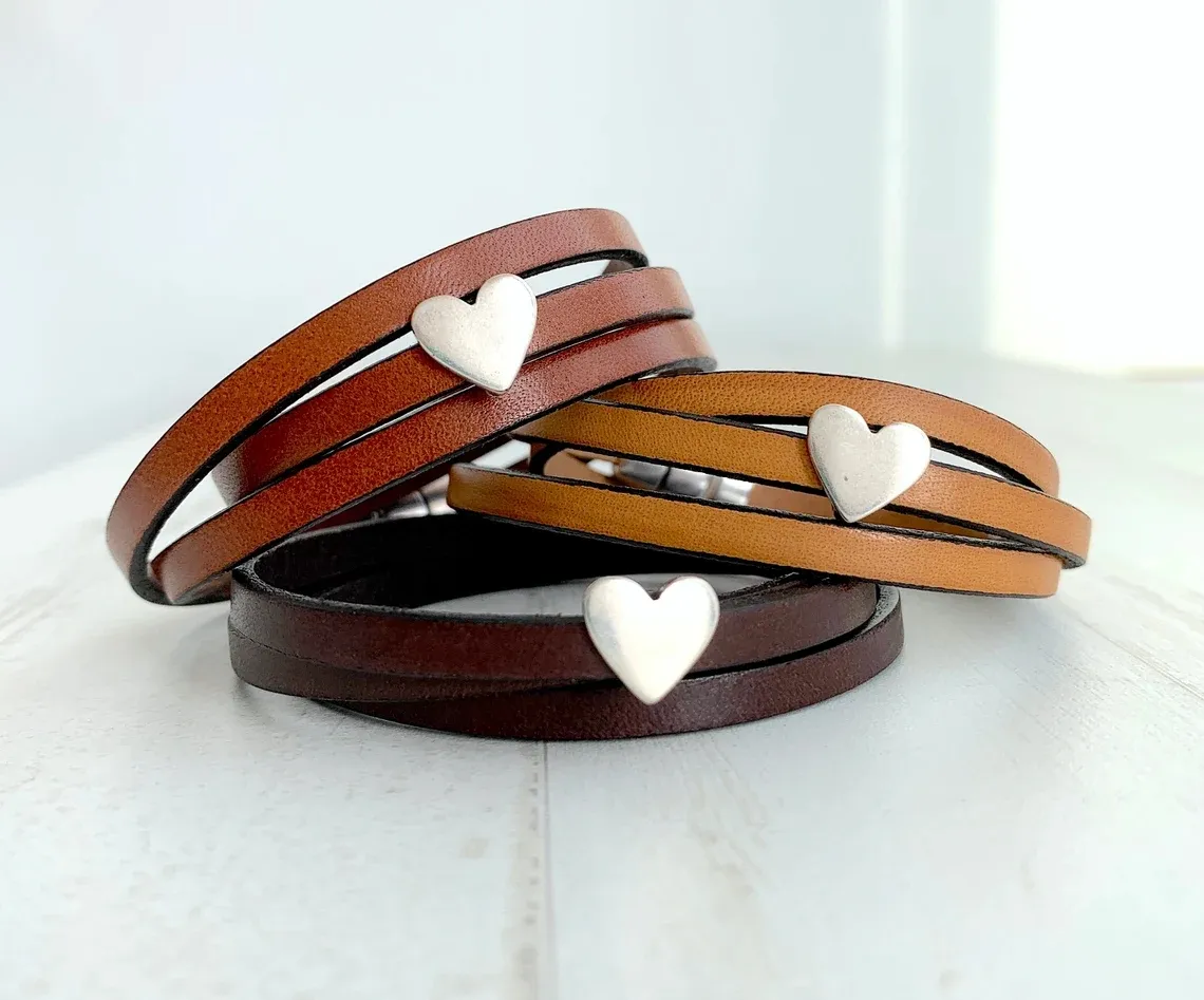 Leather Wrapped Bracelets Silver Heart bracelet for women Genuine leather Boho Bracelet Jewelry Gift