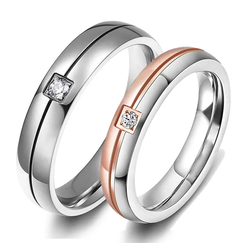 Polish Grooved Titanium Wedding Ring Set Couple with Diamond CZ Stone Inlay Rose Gold for Girl Silver for Boy