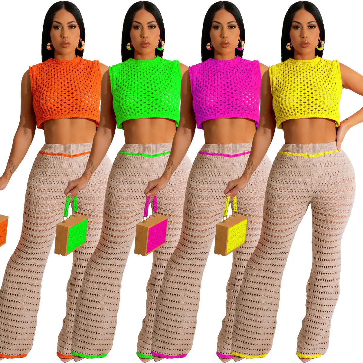 2024 New 2 Piece Women Outfit Crochet Pants Set For Women Two Piece Set Women Clothing With Crop Tank Top