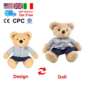 Customised Logo Teddy Bear 30cm Small MOQ Personalized customization Stuffed Animals with Blank T-shirt to Sublimation Printp