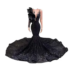 Glänzende eine Schulter lange Zug V-Ausschnitt Pailletten Meerjungfrau Party Ball Kleider Abschluss ball Phantasie Abendkleid modern