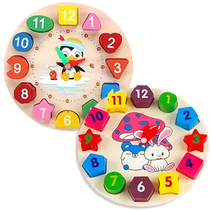 HOYE CRAFT Baby Educational Toys Kids Animal Wooden Clock Toy Activity Clock Number Blocks Puzzle Shape Matching Toys